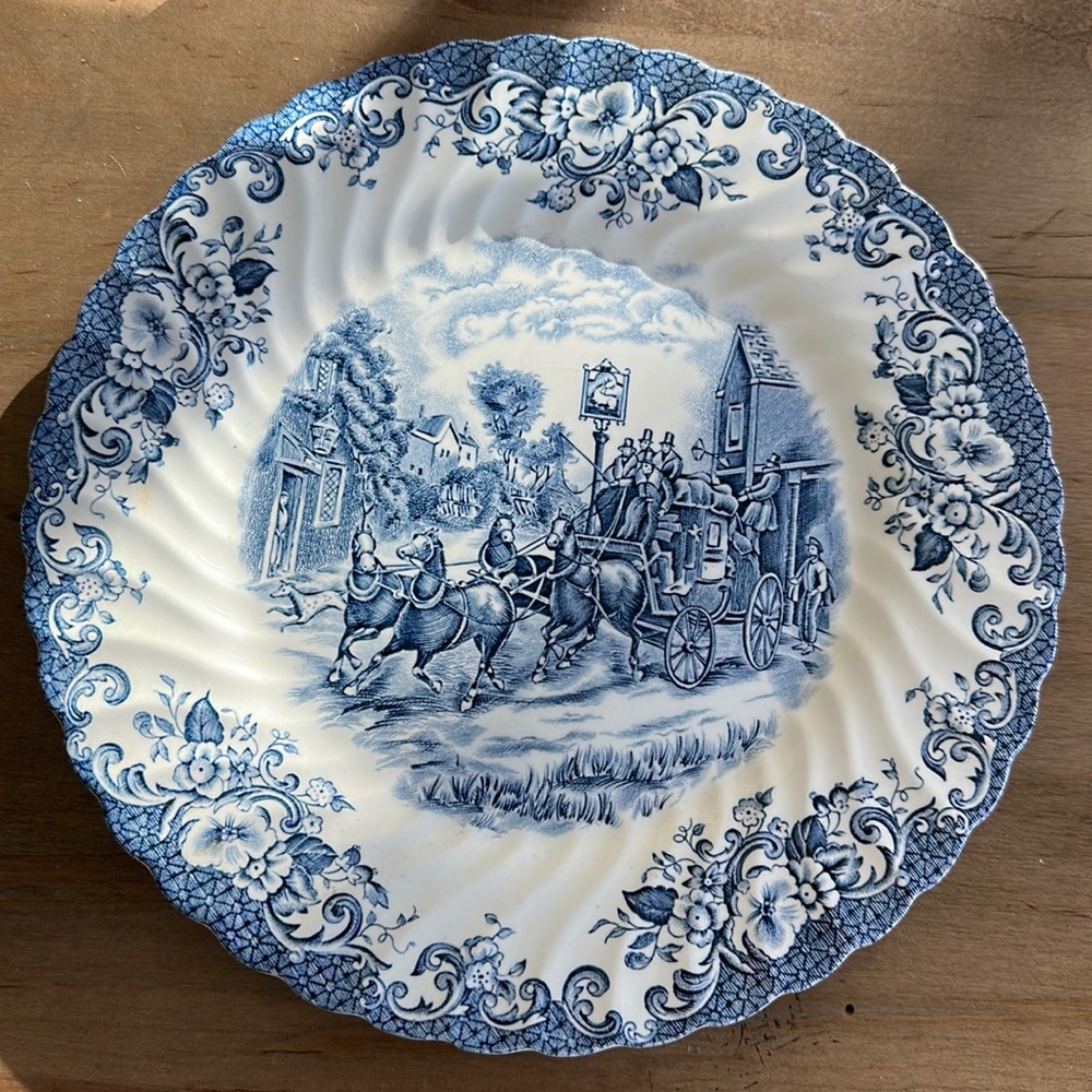 Johnson Brothers Coaching Scenes Blue Transferware Plates-Vintage.